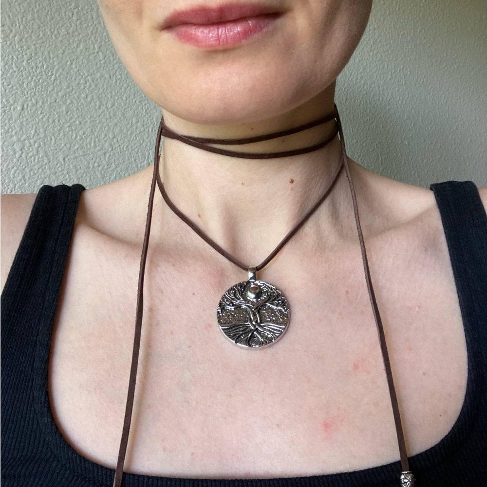 Brown Suede Cord Necklace with Silver Tree of Life Pendant - Picture 6 of 7